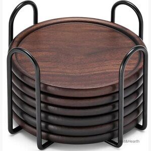 Set of 6 Wooden Coasters with Metal Holder, 4 Inch Tabletop Protection